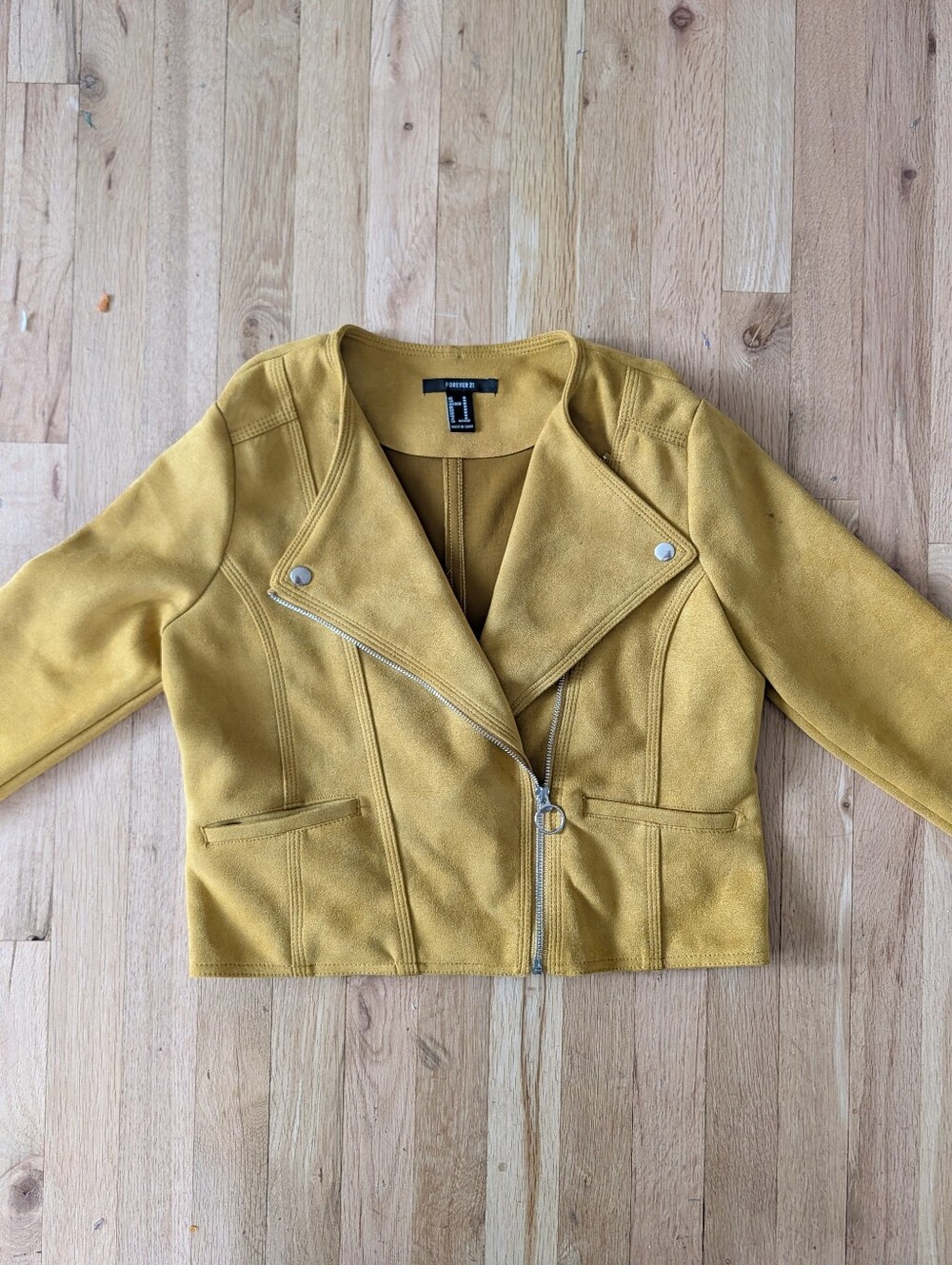 Forever 21 Citron Yellow Suede Cropped Moto Jacket